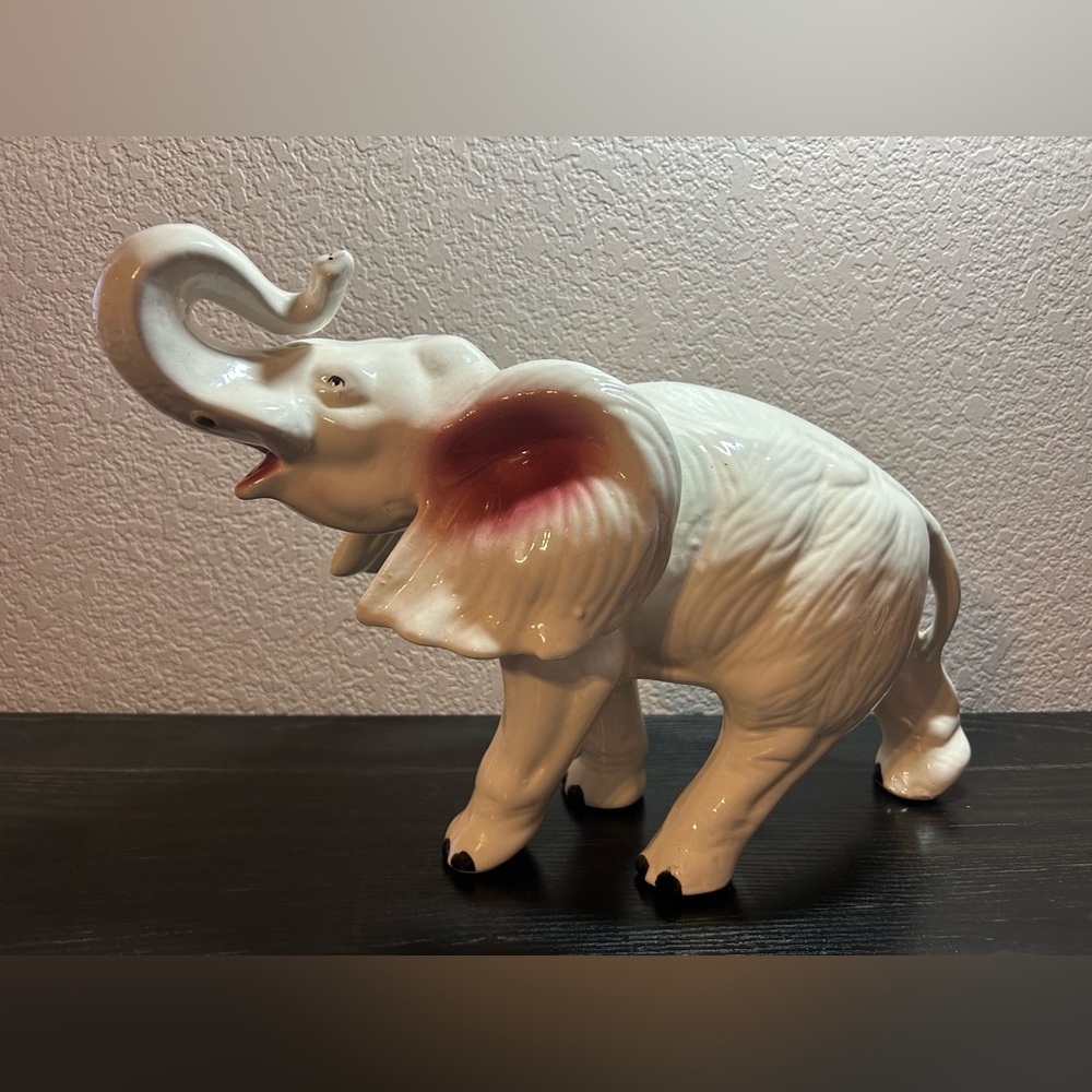 Vintage Large Porcelain Ceramic Elephant 16” Long Trunk Up